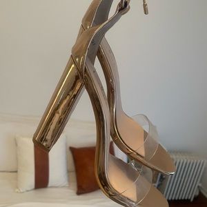 Lulus Metallic Rose Gold Block Heel Sandal